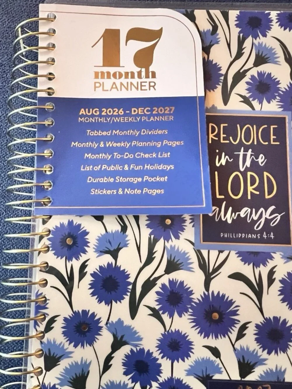 17 Month Daily Month Planner Scripture Phil 4:4 Blue Weekly Planning 2026-27 NEW